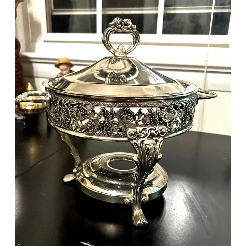 Vintage Silver Plated Chafing Dish 2 Qt Candle Warmer Ornate Serving Dish